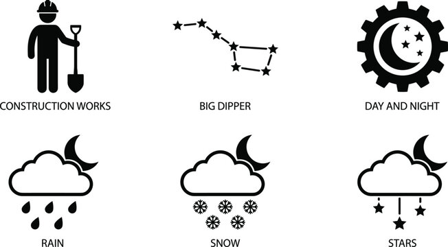 Black silhouette vector icon set including construction works big dipper constellation day night shift and weather elements.