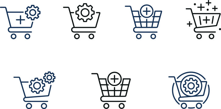 Business procurement shopping cart vector icon set with gear settings and plus signs for e-commerce logistics management