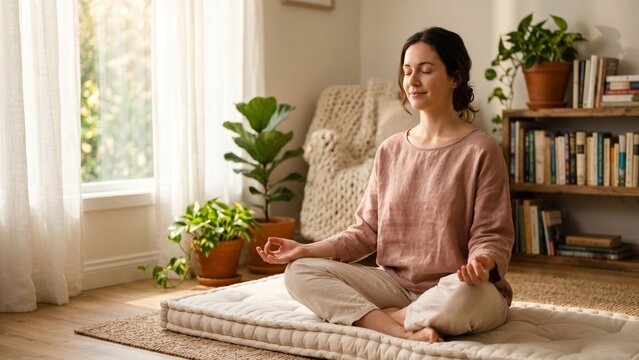 Calm Person Meditating in Lotus Pose in Sunlit Cozy Living Room Healthy Mind Mental Wellness Lifestyle
