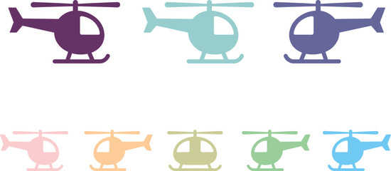 Colorful helicopter vector silhouette icon set featuring pastel civilian and military chopper models for aviation design. © MstBabli
