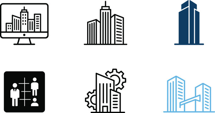 Corporate real estate smart city icon set featuring skyscraper building towers computer screen and business organization structure.