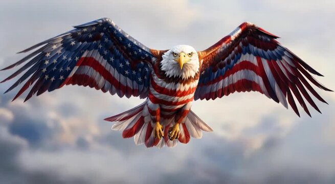 Majestic Bald Eagle with American Flag Wings Flying Through Cloudy Sky