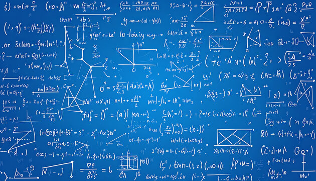 Abstract blue background with white mathematical formulas, equations, and geometric shapes, representing science and education