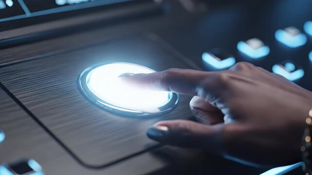 A hand presses a glowing blue button on a dark, textured panel