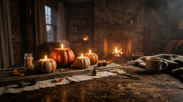 Halloween pumpkin background with spooky fog and glowing jack o lantern
