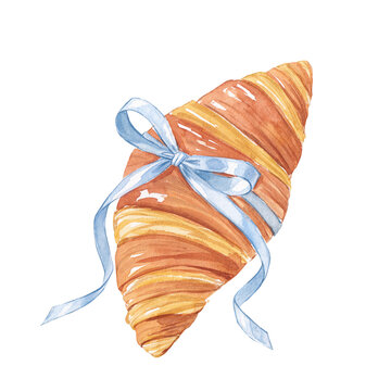 Watercolor coquette croissant with blue ribbon bow, French pastry