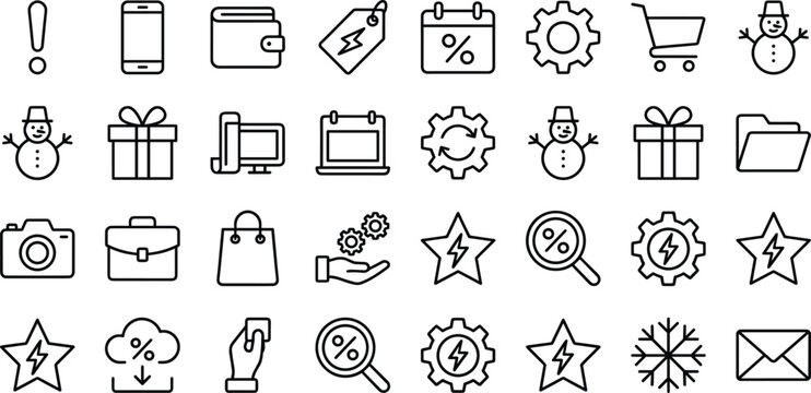 E-commerce business marketing shopping and winter sale promotion line vector icon mega set for web interface design