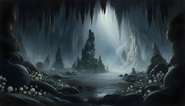 fantasy landscape of underground cave in the night