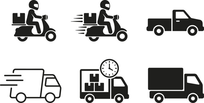 Fast delivery and logistics vector icon set featuring scooter courier pickup truck and cargo shipping service vans.