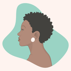 Elegant African Woman Profile Portrait – Modern Flat Vector Illustration with Natural Afro Hair and Minimalist Design © Daria