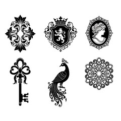 Fototapeta premium Vintage Decorative Elements: Key, Peacock, Cameo, Crest, Mandala, Flourish