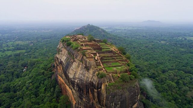 Sigiriya Rock Fortress Sri Lanka Ancient Ruins Jungle Landscape Aerial View