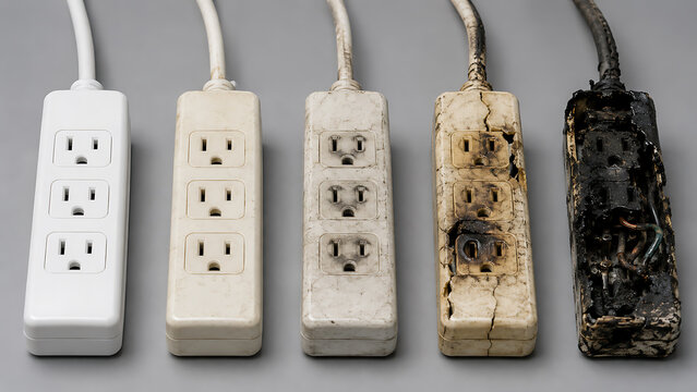 Progression of fire hazard from new to severely melted power strip with electrical electricity progression sequence protection defective maintenance consumer electronics
