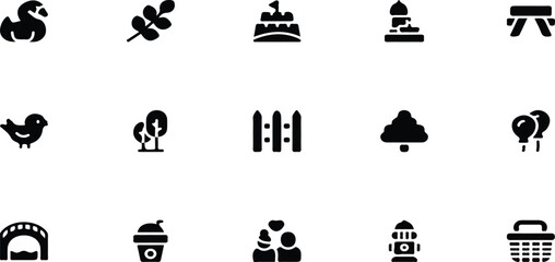 Fototapeta premium City park, nature, and outdoor recreation vector icon set featuring flat glyph silhouettes of birds, trees, fountains, picnic baskets, and public landscape elements