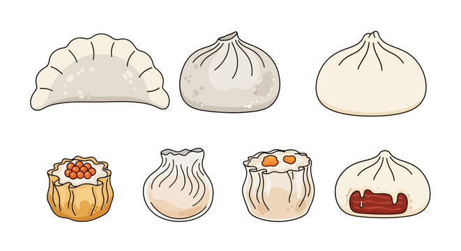 Hand drawn collection of traditional Chinese dim sum and steamed dumplings isolated on white.