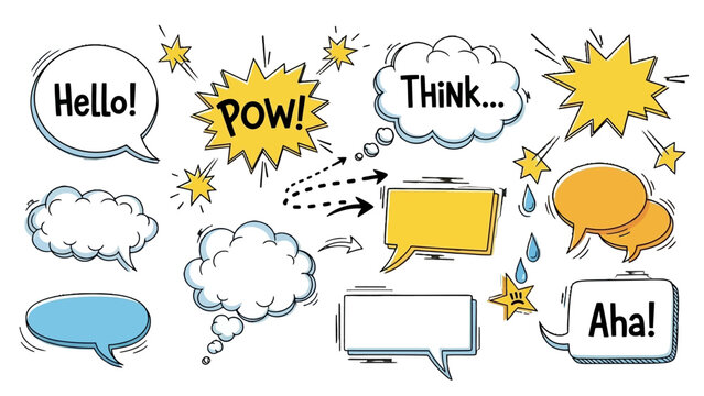 A vibrant collection of hand-drawn comic book style speech bubbles, thought clouds, and explosion bursts with text and doodle elements on a white background.