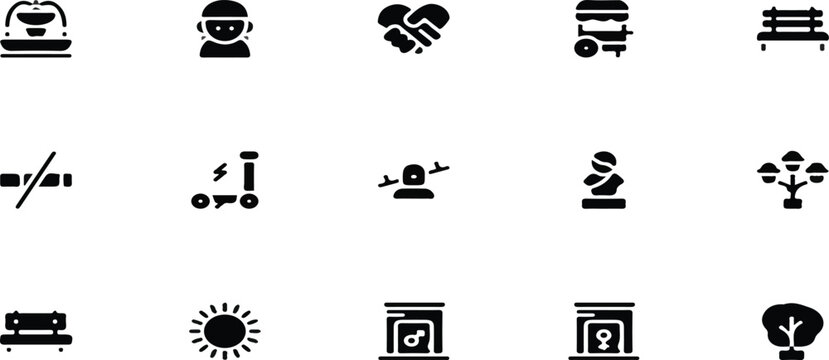 City park amenities and outdoor infrastructure vector icon set featuring flat glyph silhouettes of park benches, public restrooms, street vendors, and recreation elements