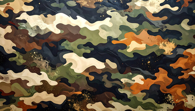 Abstract camouflage pattern with earthy tones and pixelated effect, military or hunting theme, textured background