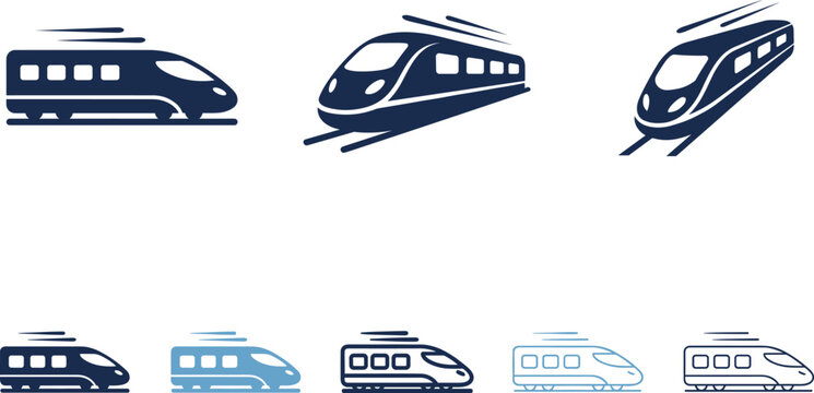 High speed bullet train silhouette icon set featuring modern railway locomotives passenger transit subway transportation design vectors.
