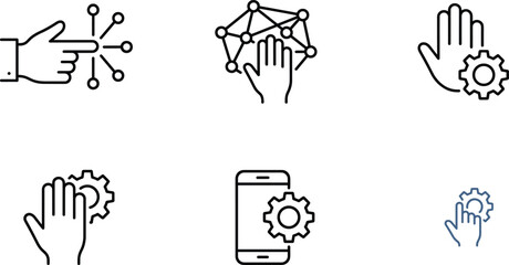 Fototapeta premium Interactive hand gesture icon set with fingers touching gears data networks and mobile screen user interface settings.