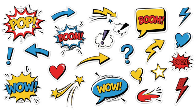 Vibrant collection of comic book style pop art elements including speech bubbles, arrows, hearts, stars, and lightning bolts, perfect for retro designs.