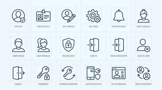 Collection of user interface icons representing account management and security features.