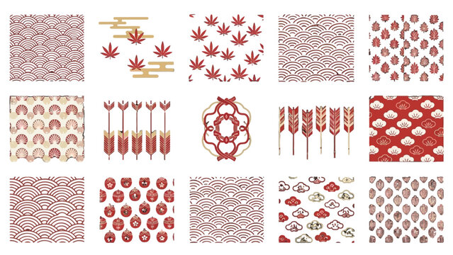 A collection of traditional Japanese patterns and motifs, including fans, maple leaves, and clouds, in red, white, and gold.