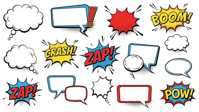 A vibrant collection of comic book style speech bubbles and explosive sound effect bursts in various shapes and colors, perfect for graphic design.