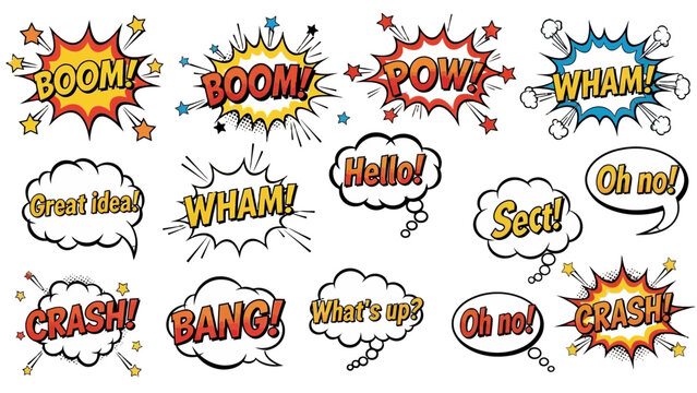 A collection of retro comic book style speech bubbles and sound effect bursts, featuring exclamations like BOOM, POW, WHAM, and conversational phrases.