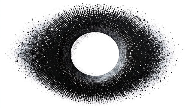 Abstract eye shape made of small black and white dots, outer edge is pixelated, inner circle is white, with a subtle gradient