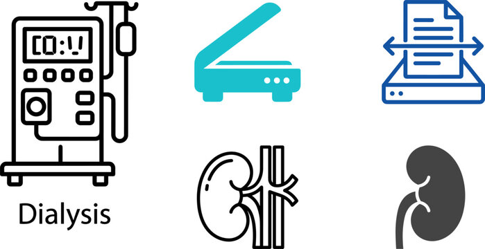 Medical dialysis machine and kidney vector icon set mixed with office document flatbed scanner technology graphic elements