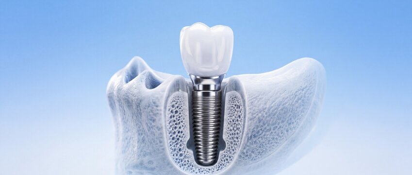 Dental implant cross section showing artificial tooth replacement in human jaw bone