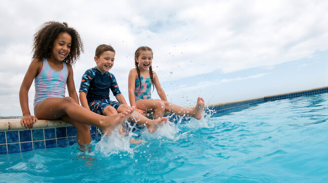 Three joyful diverse children sitting on a pool edge and splashing water with their feet during a bright summer vacation, expressing happiness and pure friendship in a tropical resort.