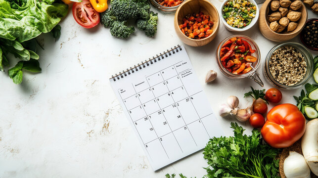 A calendar lies among fresh vegetables and nuts, emphasizing meal planning and healthy eating for lifestyle changes, especially when focusing on diet or nutrition