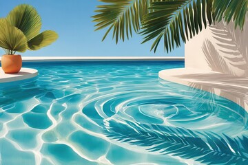 Obraz premium Sunny tropical pool terrace with turquoise water, palm shadows and relaxing summer vibes