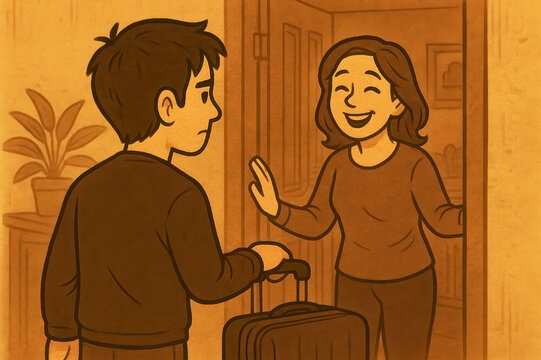 A young man departs with his suitcase as a woman waves goodbye from the doorway, capturing a moment of departure, family bond, and warm farewell