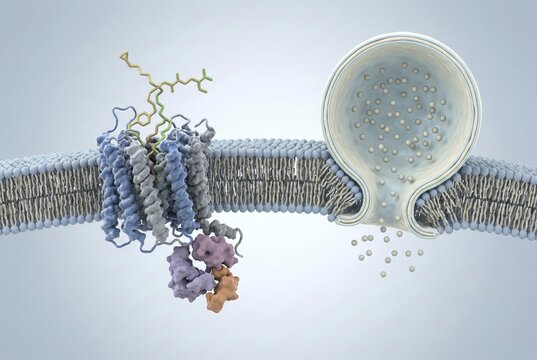 Molecular visualization of GLP-1 receptor agonist drugs that bind to receptors on the surface of a pancreatic beta cell to stimulate insulin secretion. Mechanism of action of diabetes and weight loss drugs. endocrinology, diabetology, pharmacology, AI generated