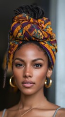 Fototapeta premium Young woman with patterned turban portrait in soft light