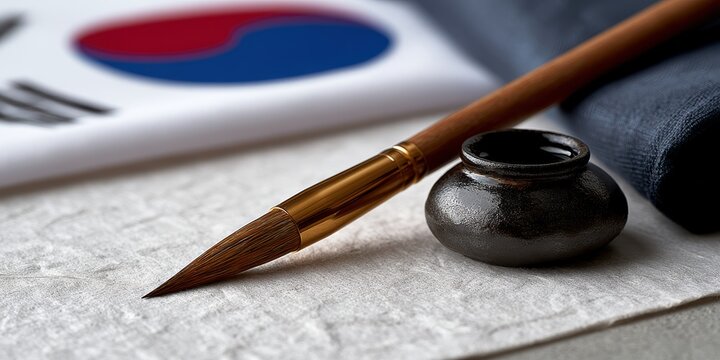 korean flag art, softly lit minimalist composition of elegant korean calligraphy and taegukgi flag portrays detail