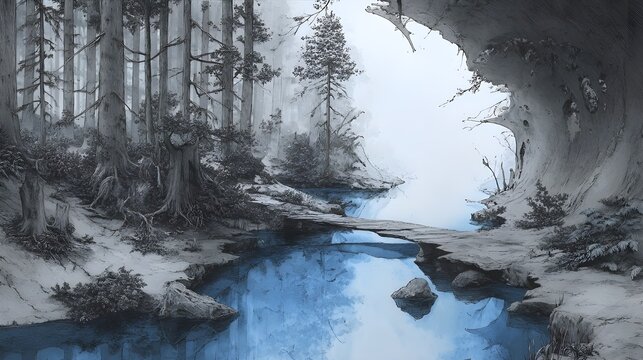 mystical river in the misty valley