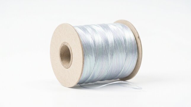 Spool of light blue satin ribbon for gift wrapping and DIY crafts isolated on white background