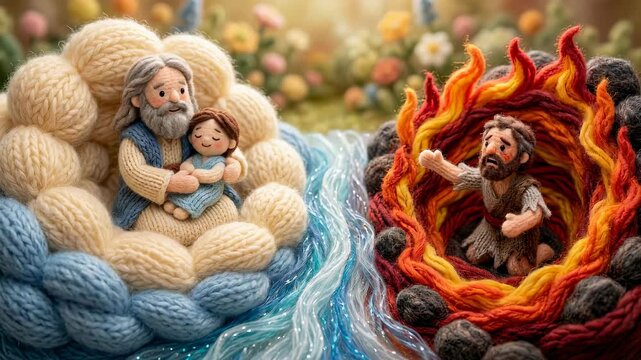 God holding a child in heaven and a suffering man in hell. Knitted style depiction of biblical afterlife, divine peace contrasted with eternal fire ordeal.