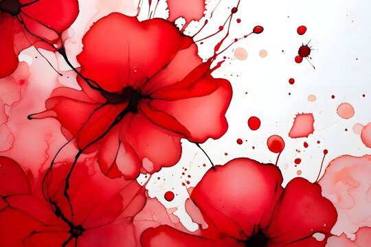 Vibrant red poppy flowers in abstract watercolor ink art style