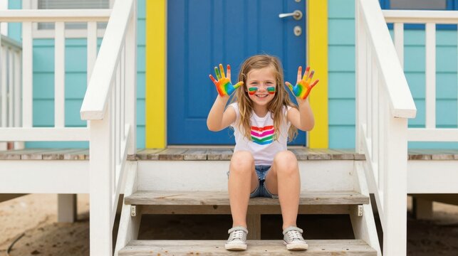 Young girl with rainbow painted hands sitting on wooden stairs of blue beach house porch.