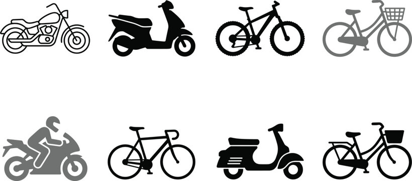 Two wheeled vehicle icon set featuring motorcycle cruiser scooter moped mountain bike and city bicycle silhouettes vector.