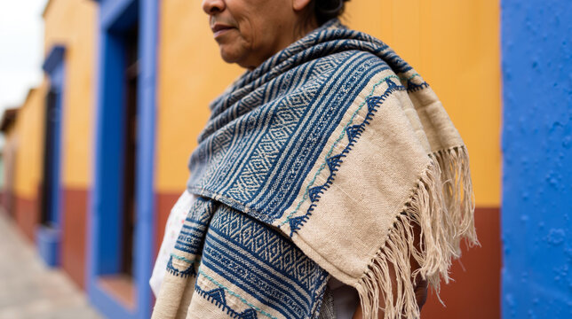 A close up view of a senior woman wearing a traditional handcrafted blue and beige woven shawl in a vibrant Mexican street with colorful yellow and blue textured walls.
