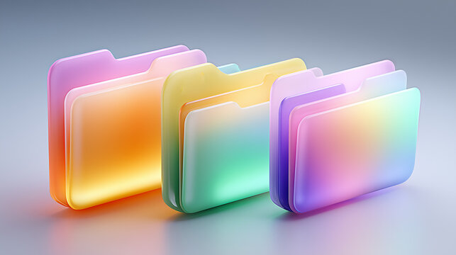 Colorful glowing folder icons arranged in row on minimal background, digital file management and cloud storage concept, modern data organization and document system illustration