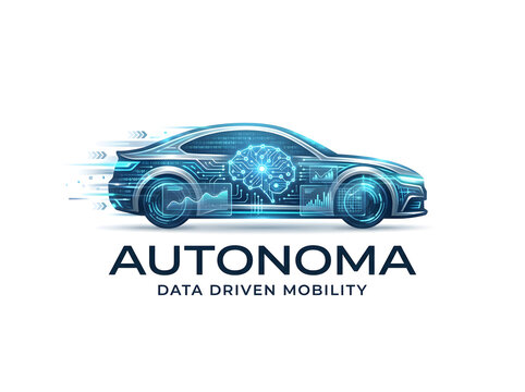 The brand is formed by the silhouette of an autonomous car seen from above or in a futuristic perspective...2