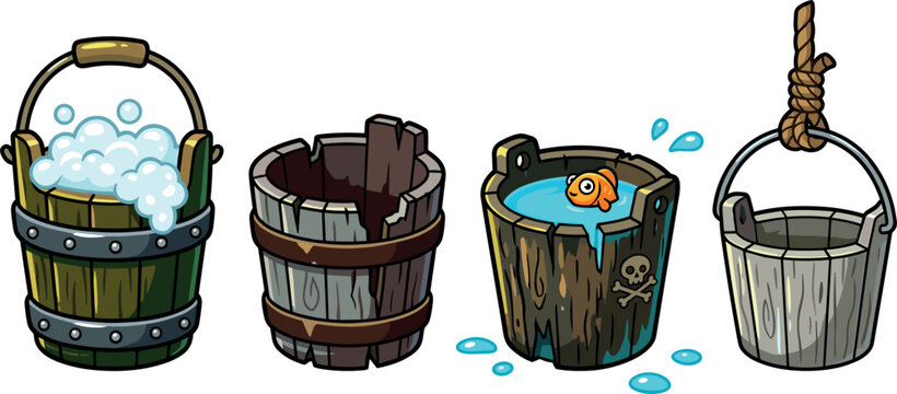 Medieval Wooden Bucket Vector Icon Set Featuring Soapy Foam Broken Wood Toxic Water Goldfish and Hanging Rope Pail for Game UI Designs