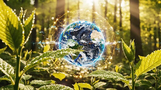 Digital Earth globe with glowing network in sunlit forest with dewy leaves